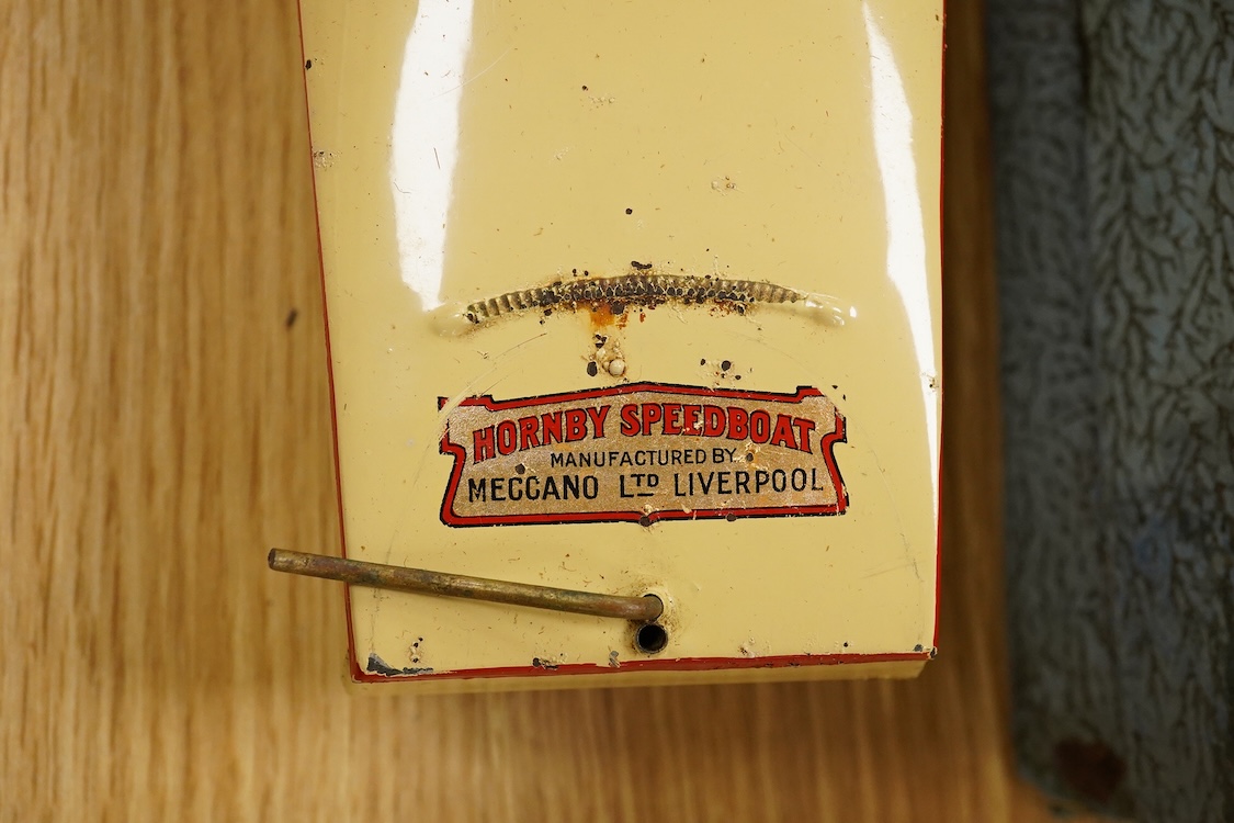 A boxed Hornby tinplate clockwork Speed Boat No.3, Racer III, with original instruction leaflet